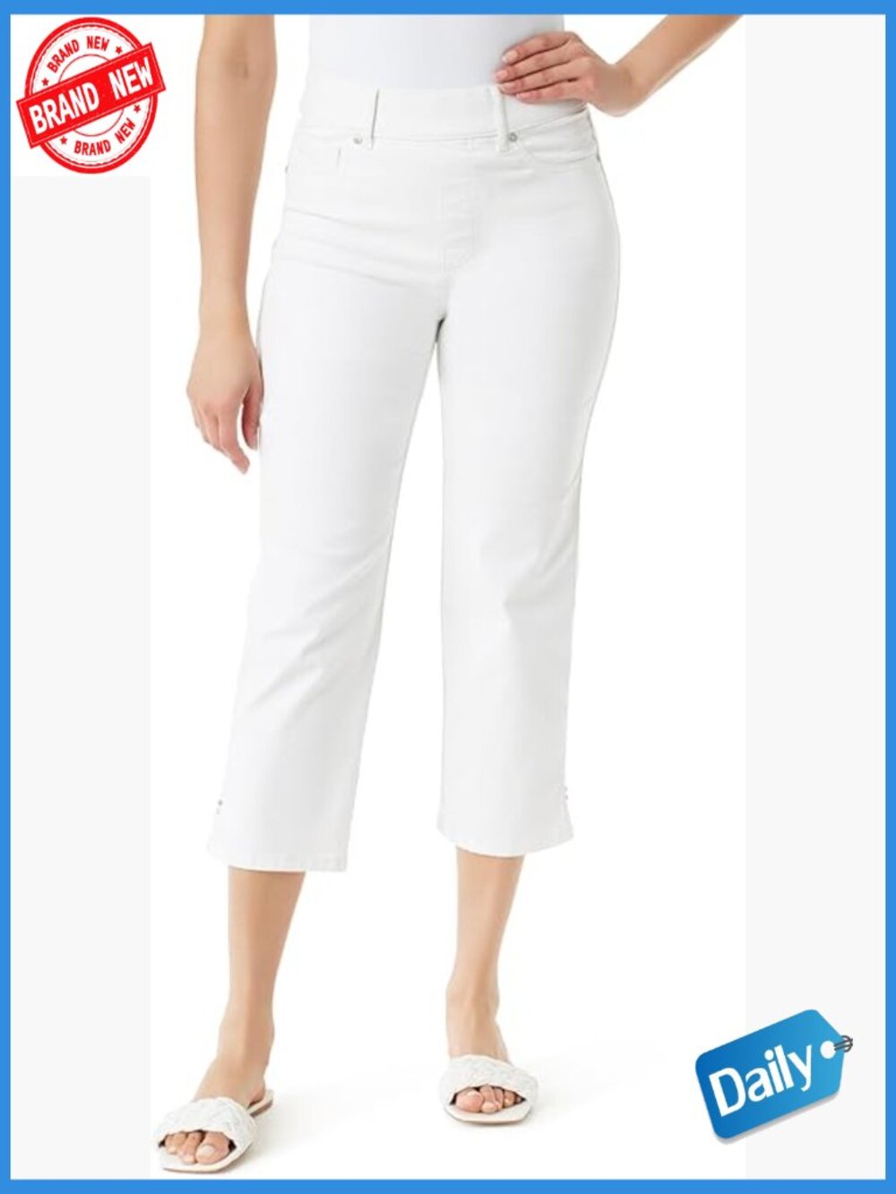 High Rise Straight Leg Capri Pull On Jeans Cotton Spandex Stretchable 5 Pockets